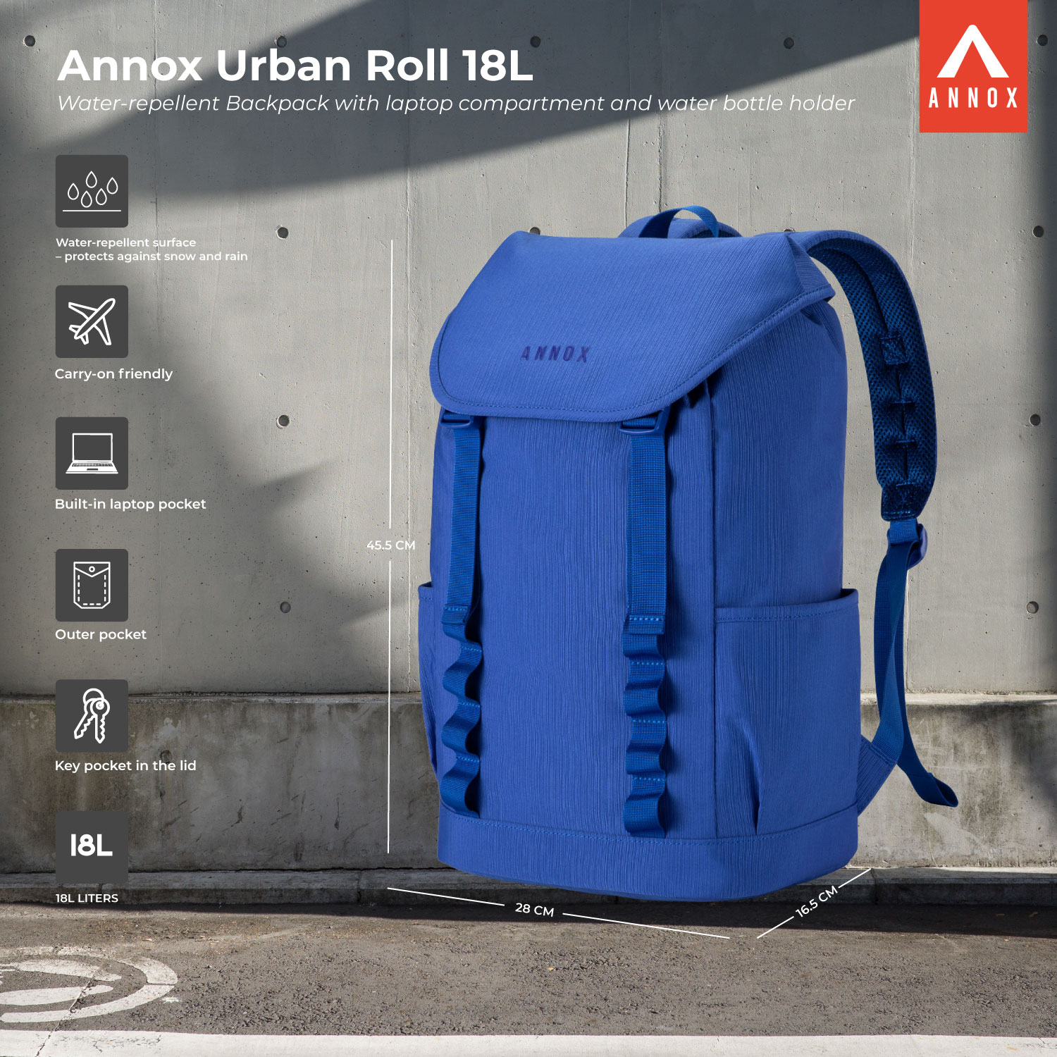 Annox Urban Roll 18L - Water-repellent Backpack With Laptop Compartment And Water Bottle Holder