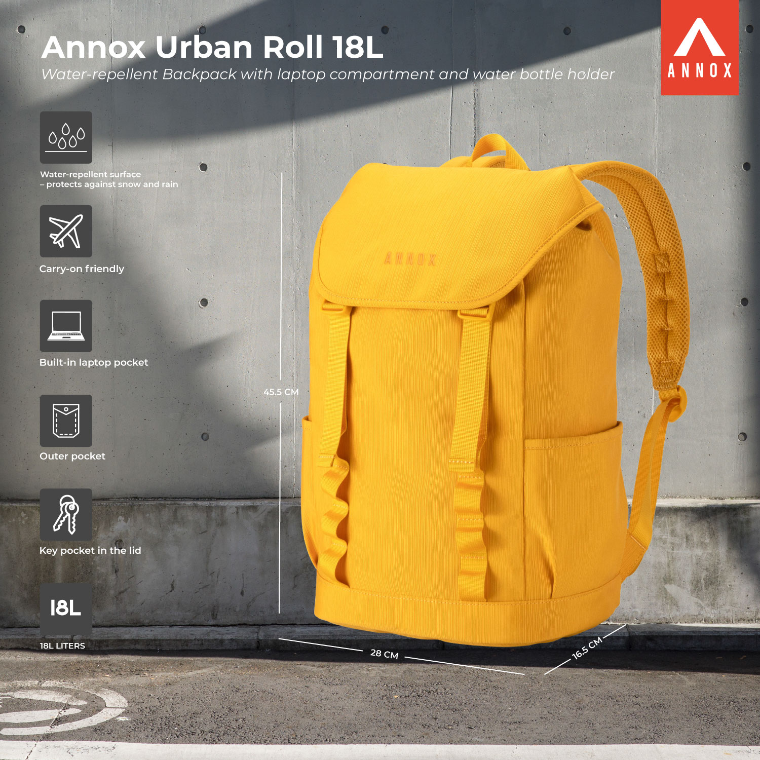 Annox Urban Roll 18L - Water-repellent Backpack With Laptop Compartment And Water Bottle Holder